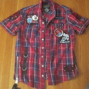 HERITAGE BY AMERICA DENIM DISTILLERY 1776 PLAID BUTTON UP PATCHES Large